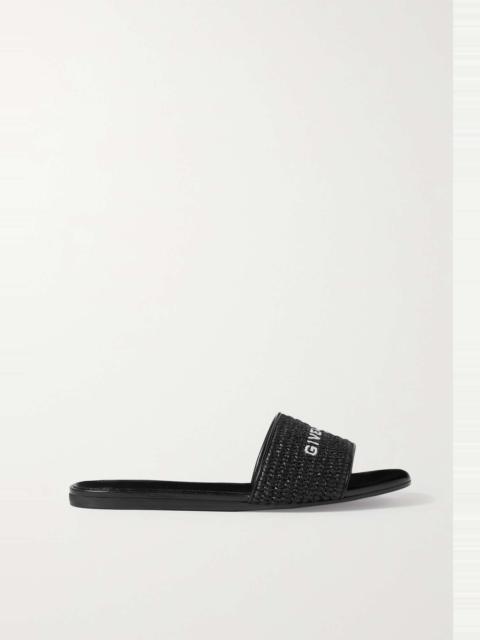 4G leather-trimmed embroidered raffia slides