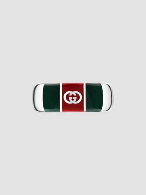 GUCCI Men's Web Sterling Silver & Enamel Wide Ring - Silver Green Enamel