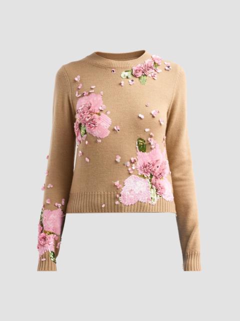 Oscar de la Renta Women's Resort Sequined Embroidered Watercolor Iris Sweater - Camel