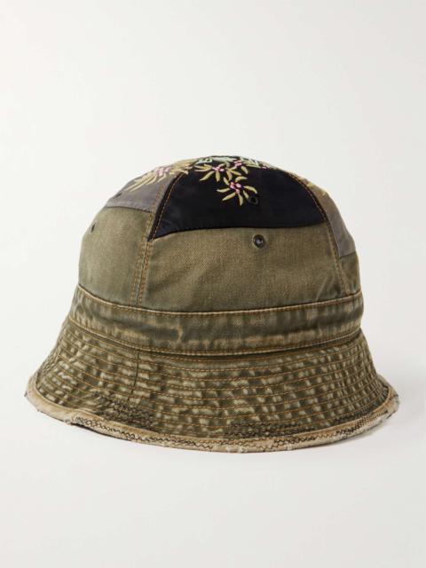 Distressed Embroidered Patchwork Cotton-Twill and Shell Bucket Hat