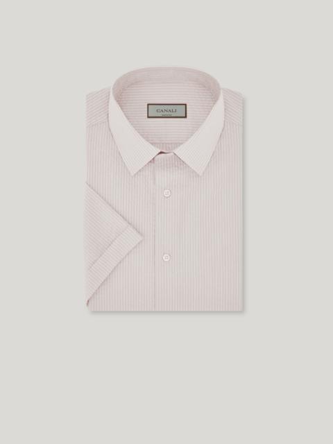 Canali BEIGE AND WHITE STRIPED SEERSUCKER COTTON SLIM-FIT SHIRT