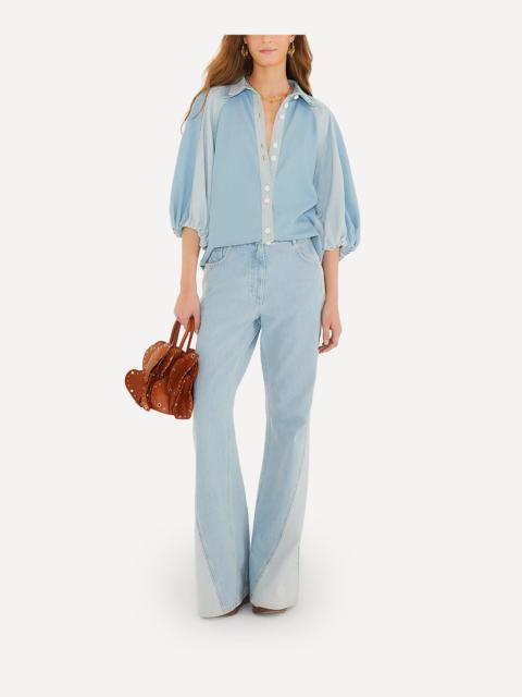 FARM RIO Denim Bicolor Puff-Sleeve Shirt