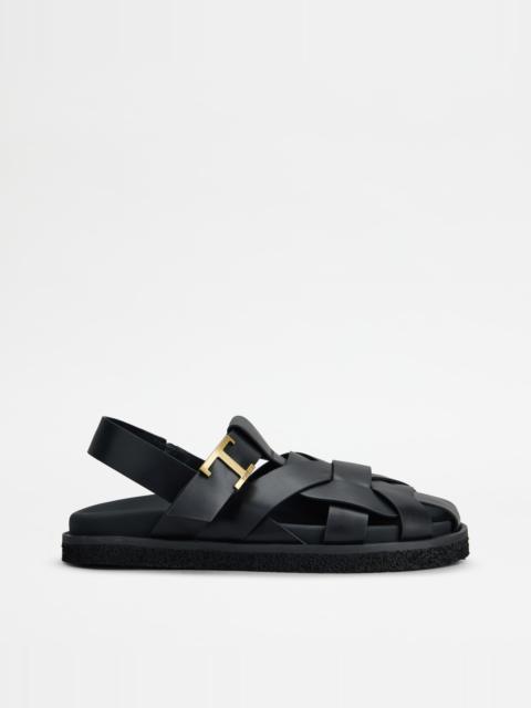 Tod's T TIMELESS SANDALS IN LEATHER - BLACK
