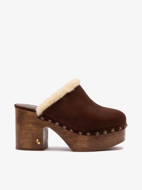 Miso Wooden Platform Clog In Brown Suede And Natural Shearling