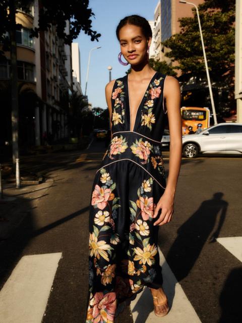 FARM RIO Dark Blue Maira Floral Euroflax Premium Linen Midi Dress