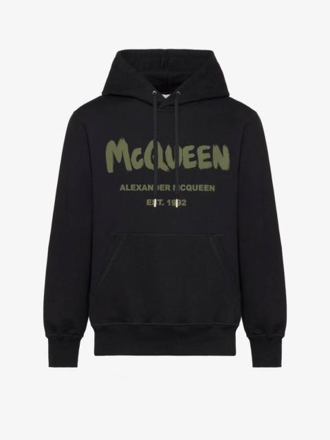 Alexander McQueen Men's McQueen Graffiti Hooded Sweatshirt in Black/khaki