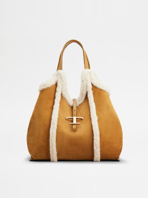 Tod's T TIMELESS SHOPPING BAG IN SUEDE MEDIUM - BROWN, WHITE