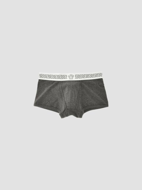 VERSACE Men's Medusa Head Greco-Trim Jersey Trunk Brief - Grey Melange Bianco Palladio