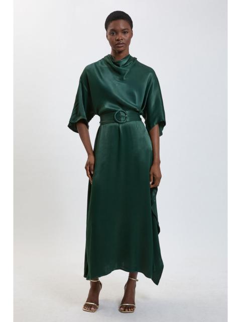 KAREN MILLEN Viscose Satin Asymmetric Ruffle Midi Dress