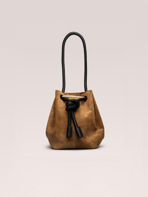 Nanushka ELONGATED BUCKET - Suede small bucket handle bag - Sand