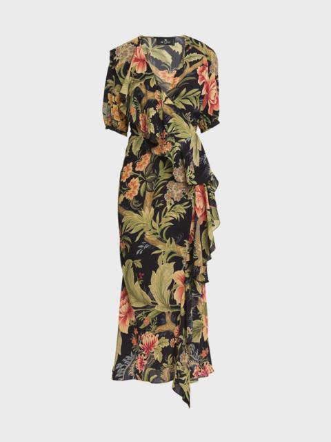 Etro Idillium Floral Georgette Silk Ruffle Wrap Dress