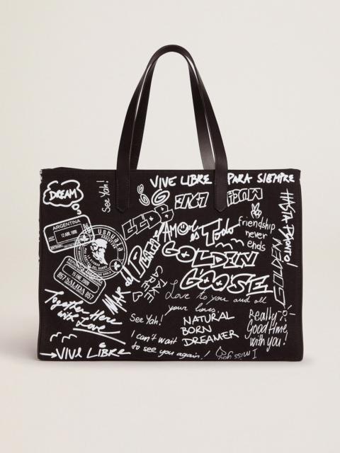 Golden Goose Black East-West California Bag with contrasting white graffiti print