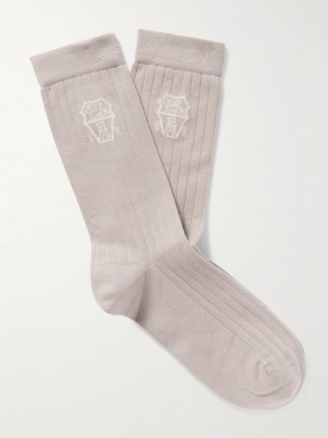 Brunello Cucinelli Logo-Jacquard Ribbed Cotton Socks Taupe
