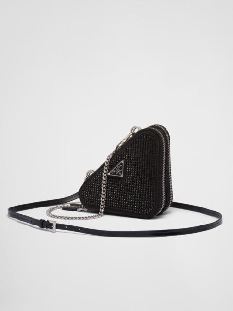 Triangular embellished satin and leather mini-pouch