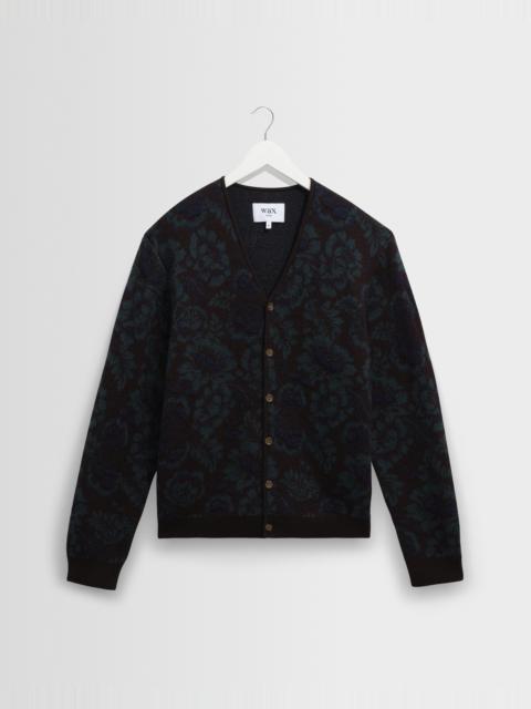 Wax London Alban - Black And Green Floral Textured Jacquard Cardigan