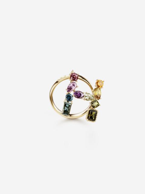Rainbow alphabet H ring in yellow gold with multicolor fine gems