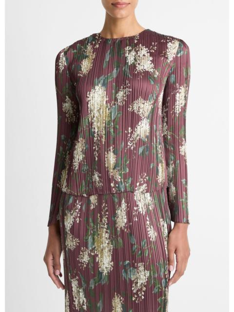 Vince Lilac-Print Micro-Pleated Satin Top