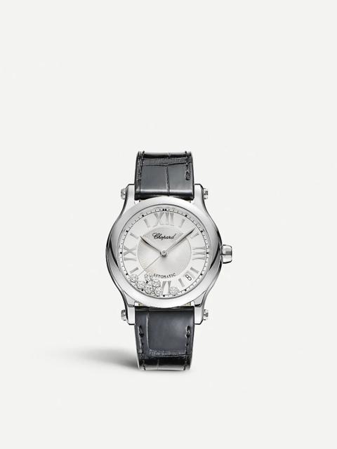 Chopard Happy Sport Medium stainless steel, diamond and croc-embossed leather watch