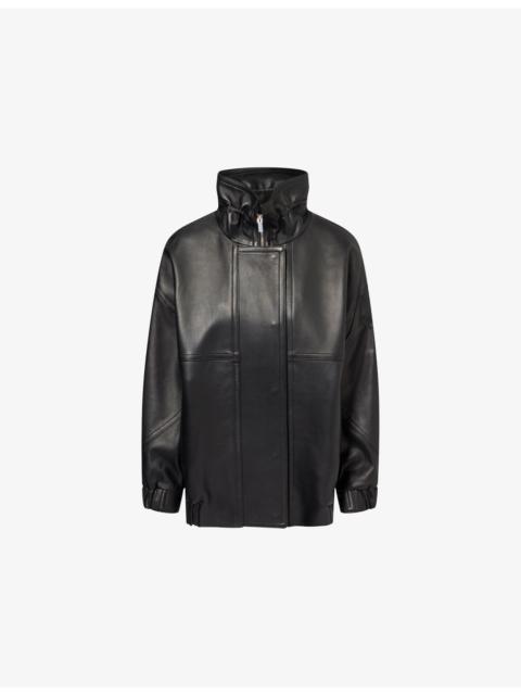 Theory Funnel-Neck Collared Leather Bomber Jacket