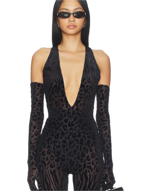 ALEX PERRY Animal Print Burnout Bodysuit With Gloves