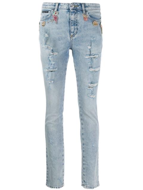 PHILIPP PLEIN rhinestone charm distressed skinny jeans