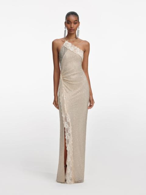 self-portrait Champagne Rhinestone Lace Trim Maxi Dress