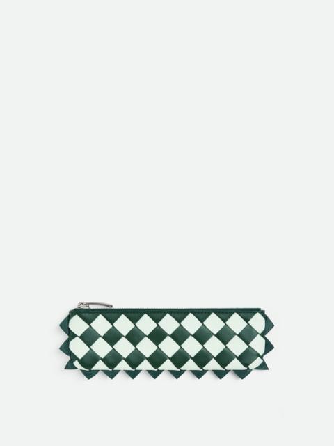 Bottega Veneta Intrecciato check bicolor leather pencil case with dragon crest detail