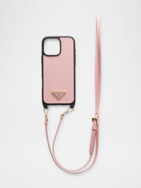 Prada Saffiano Leather Case for Iphone 16 Pro Max with Shoulder Strap