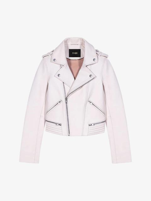 maje Biker-collar slim-fit cropped leather jacket