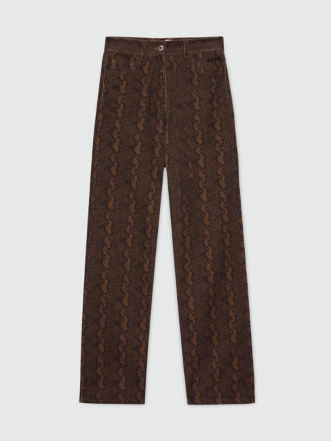 MSGM Brown straight-leg python print gabardine trousers.