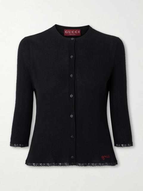 GUCCI Embroidered Lace-trimmed Ribbed-knit Cotton Cardigan