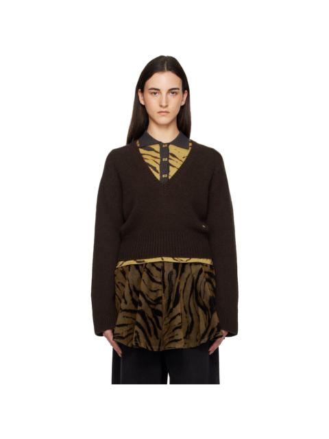 GANNI Brown V-Neck Jumper Sweater