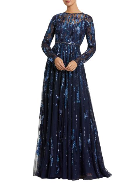 MAC DUGGAL Women's Evening Mesh Long-Sleeve Gown - Midnight