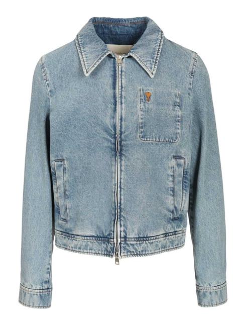 AMI Paris Contrasted Ami De Coeur Zipped Jacket Used Indigo Denim Jackets Light Blue