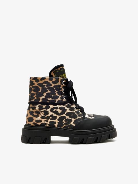 GANNI TRAIL BOOTS IN LEOPARD DENIM