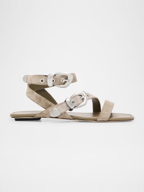 Stuart Weitzman Maven Suede Buckle Flat Sandals