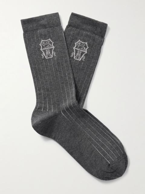 Brunello Cucinelli Striped Logo-Jacquard Cotton Socks Gray