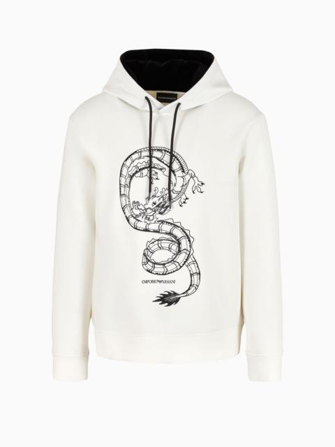 Double-jersey hooded sweatshirt with dragon embroidery