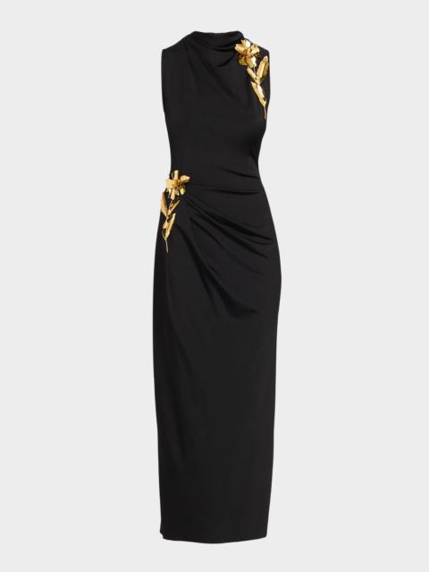 LELA ROSE 3D Metallic Flower Draped Jersey Midi Dress