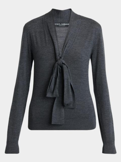 Dolce & Gabbana Bow V-Neck Wool Jersey Long-Sleeve Top