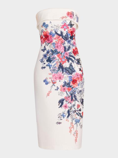 BADGLEY MISCHKA Strapless Floral Placement Midi Sheath Dress