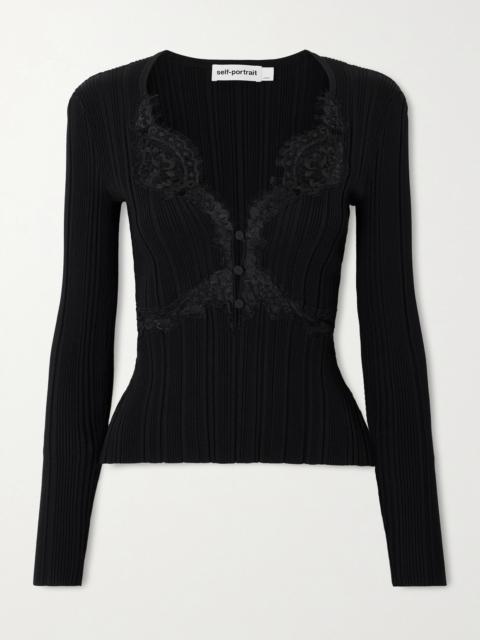 self-portrait Lace-trimmed Ribbed-knit Top