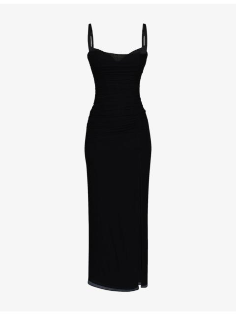 House of CB Lini Corset-Bodice Stretch-Mesh Maxi Dress