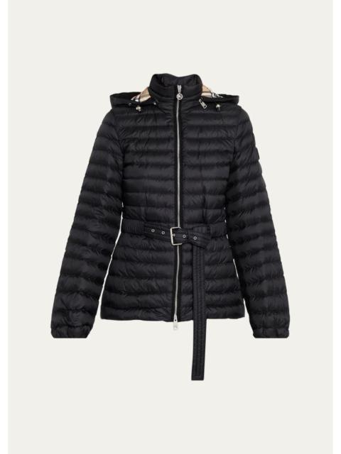 Burberry Amberley Belted Nylon Puffer Jacket with Detachable Collar
