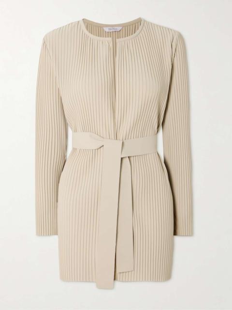 Belted plissé-crepe cardigan