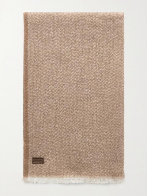 Canali Frayed Herringbone Wool and Cashmere-Blend Scarf Beige