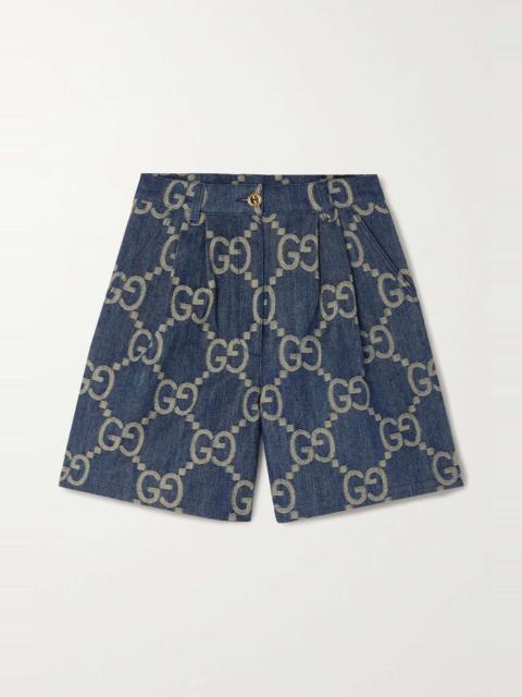GUCCI Jumbo GG leather-trimmed pleated denim-jacquard shorts