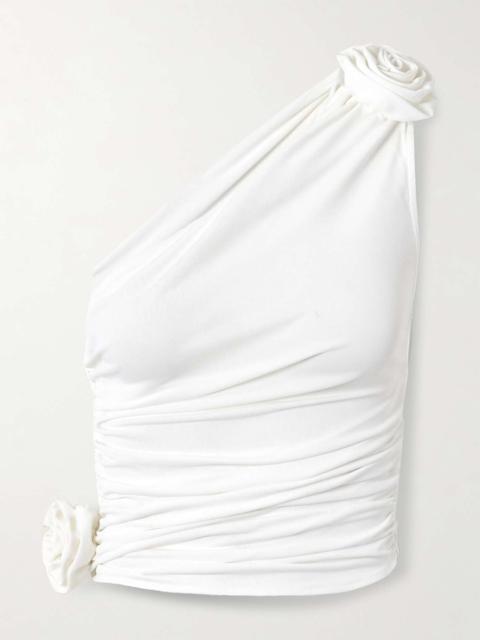 One-shoulder embellished ruched stretch-jersey top