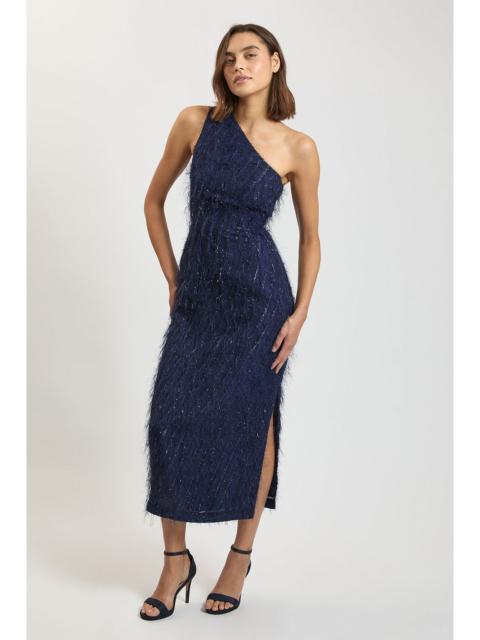 KAREN MILLEN Tinsel Fringe One Shoulder Asymmetric Midi Dress