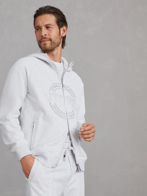 Techno cotton French terry hooded sweatshirt with zipper and print